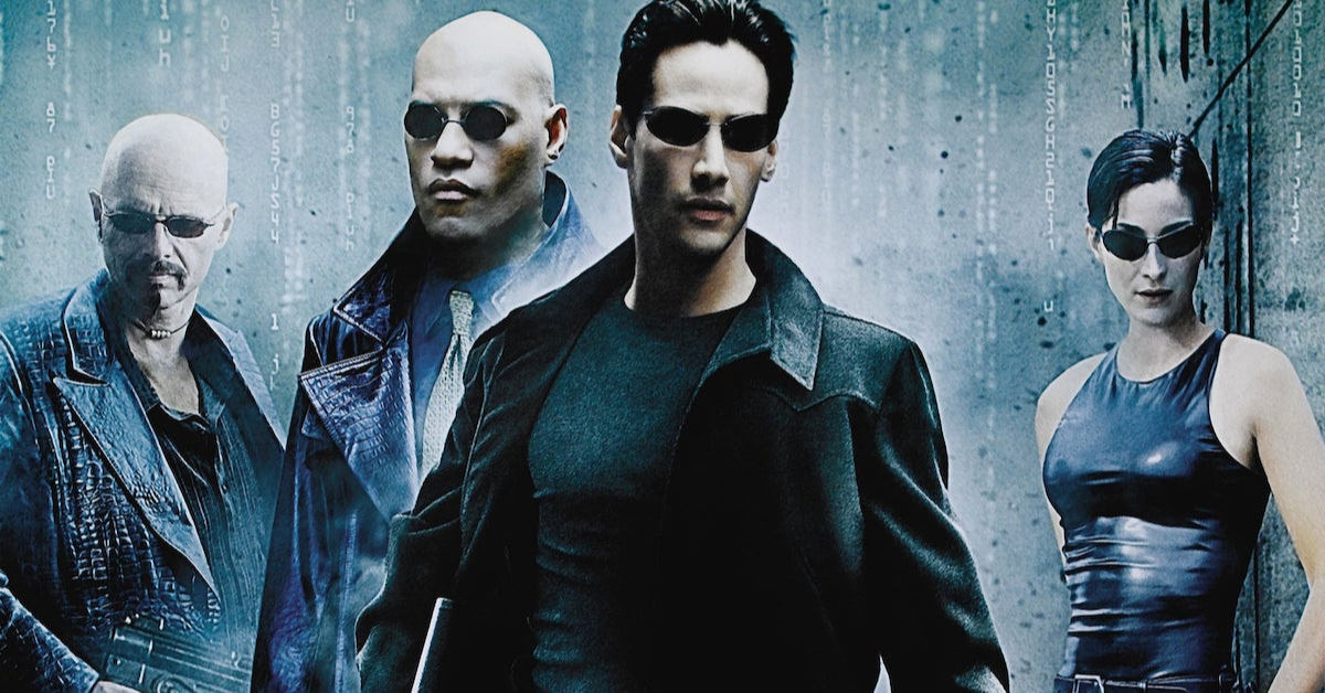 A poster showing a man in a black coat and sunglasses, symbolizing the film's exploration of free choice, identity, reality, and the moral and personal effects of artificial intelligence.