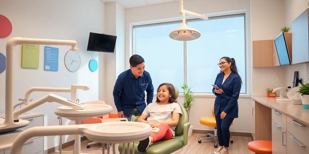 Bright dental office with a smiling family and staff.