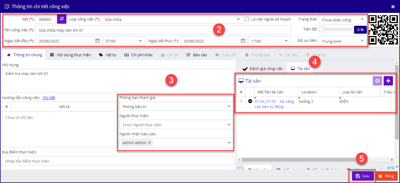 Chọn nút Thêm công việc để tạo và giao việc cho kỹ thuật viên bảo trì đi thực hiện nhiệm vụ: