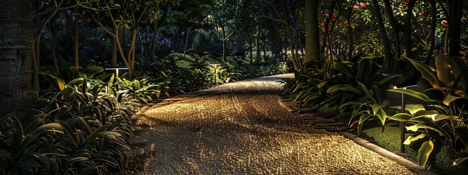 a beautifully lit garden path featuring elegant uplighting, downlighting casting gentle shadows, and silhouette lighting highlighting the trees and foliage.