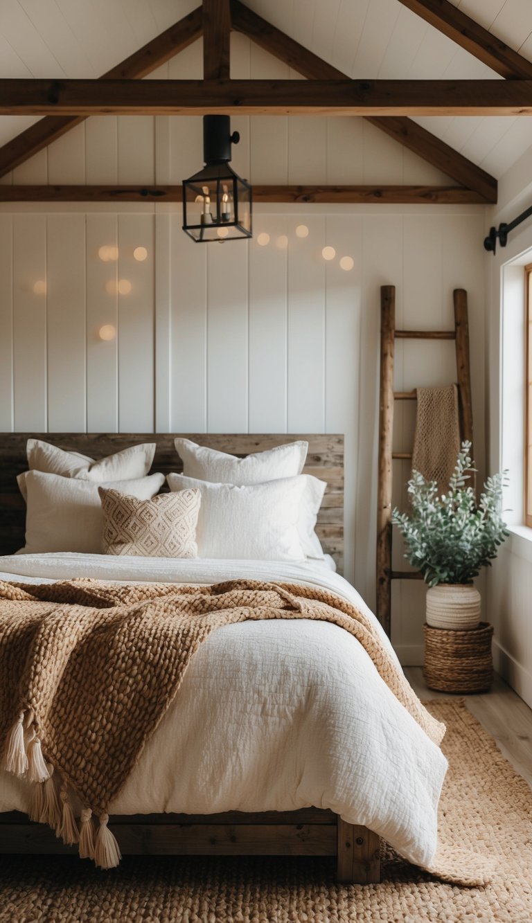 A cozy farmhouse bedroom with a handwoven jute rug and rustic bedding