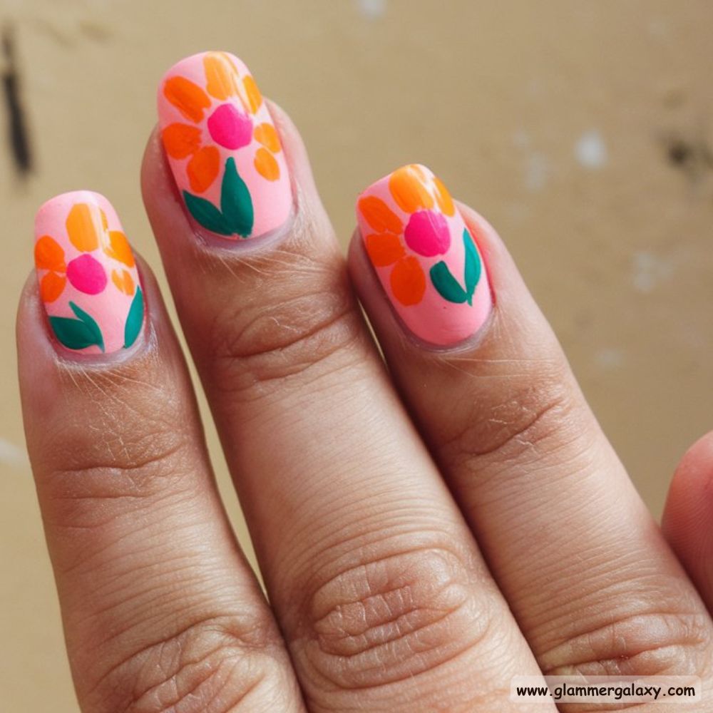 Orange and Pink Summer Nails with Bold and Beautiful Florals