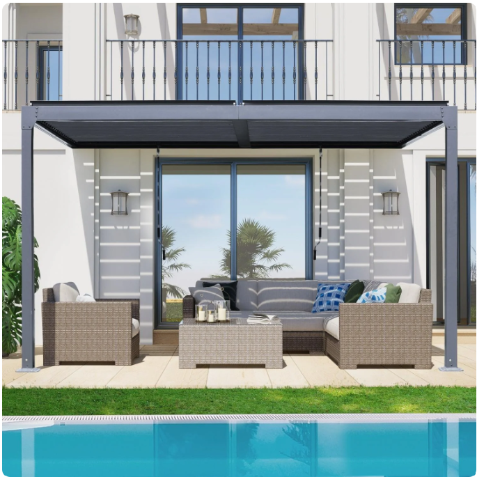 Aluminum Wall Mounted Louvered Pergola, Sun Shade Shelter, 2 Adjustable Panels