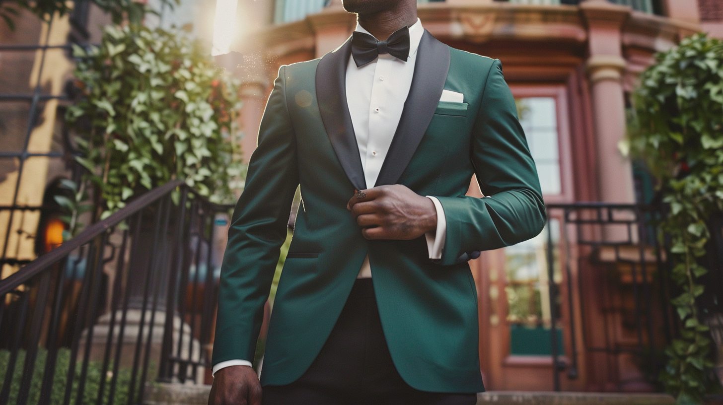 A man in a 2024-style tuxedo--slim fit, unique color (like emerald, navy, or plum), styled with confidence. Modern event or wedding setting, creative and bold fashion vibe.