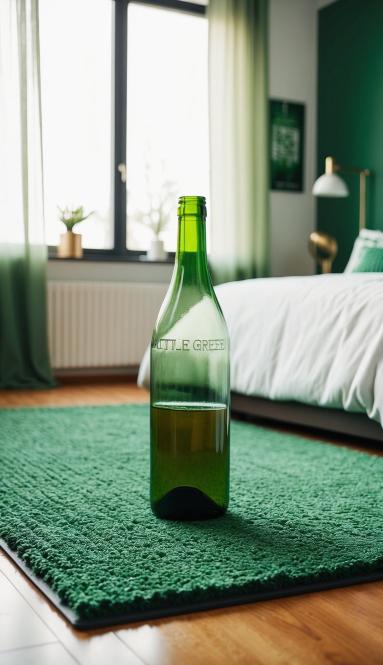 A bottle green floor mat in a bedroom with 23 green-themed decor ideas