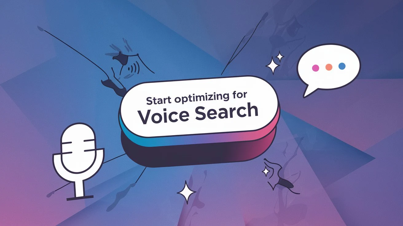 A vibrant call-to-action button on a website urging users to optimize for voice search, surrounded by voice search-related graphics.