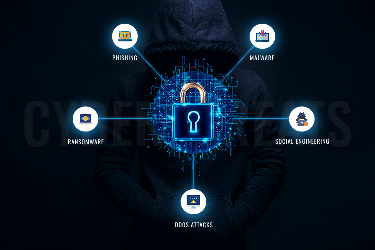 Common types of cybersecurity threats that affect individuals and businesses online.