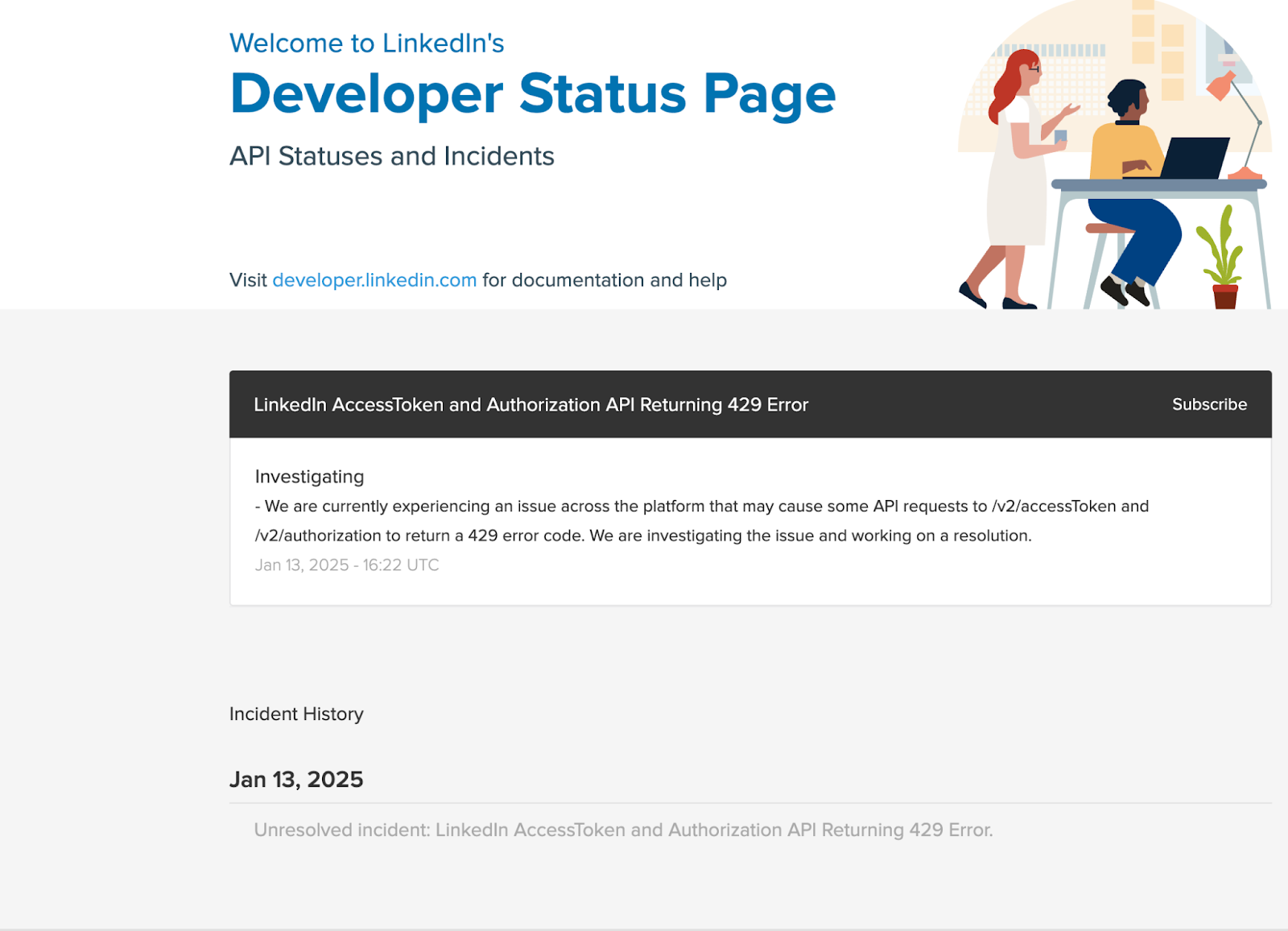 Developer Status Page del error de LinkedIn