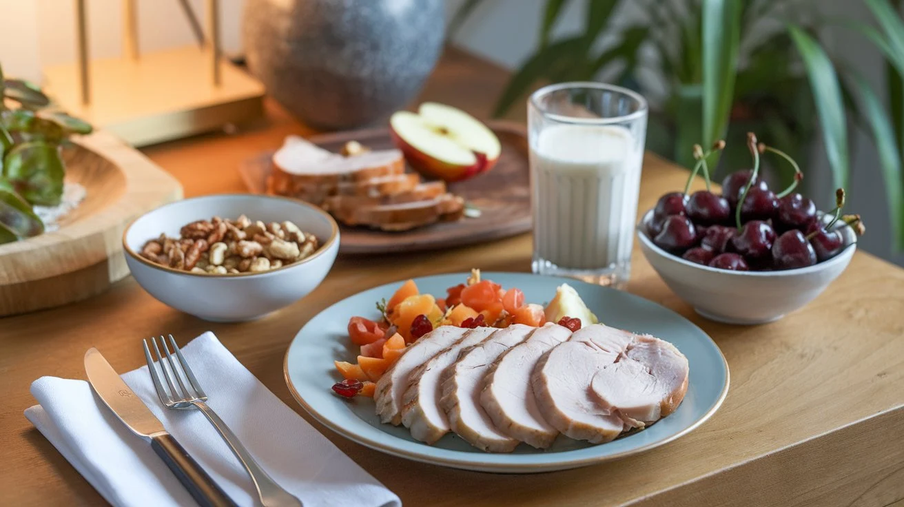 A healthy meal with sleep-promoting foods, such as nuts, cherries, and turkey, displayed on a dining table.