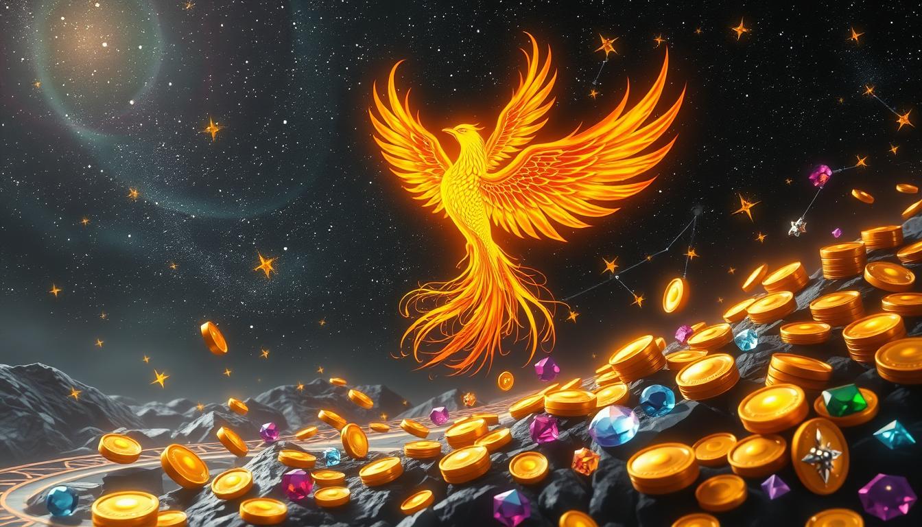 A mystical scene depicting the essence of wealth manifestation in the 8th house, featuring a celestial alignment of stars in a dark sky, shimmering gold coins flowing like a river, a radiant phoenix rising from ashes symbolizing rebirth and transformation, vibrant gemstones scattered like constellations, and an ethereal glow surrounding the elements to evoke a sense of abundance and power.