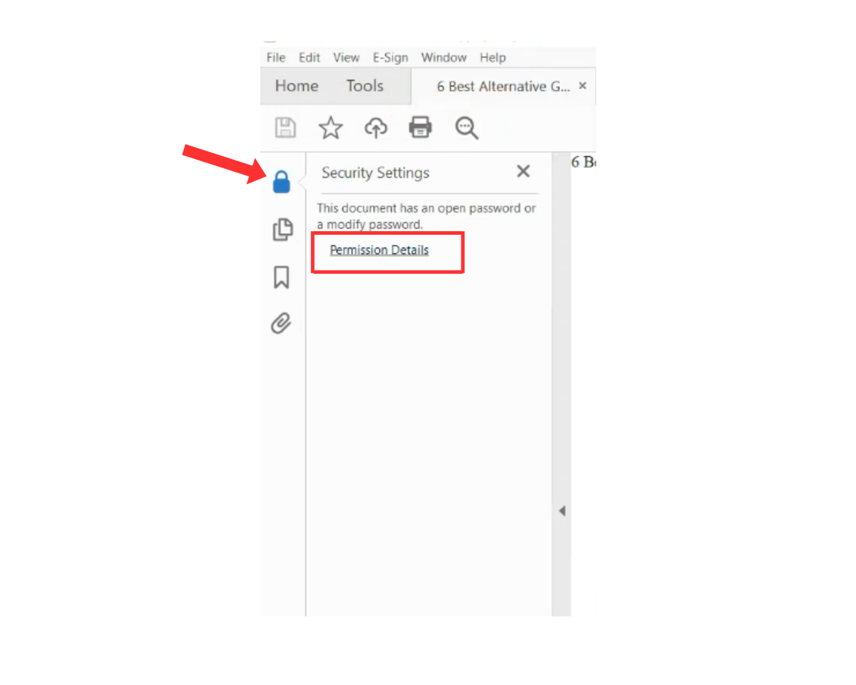 How to remove permissions from PDF files using Adobe Acrobat: Click padlock sign and Permissions Details to open the document properties