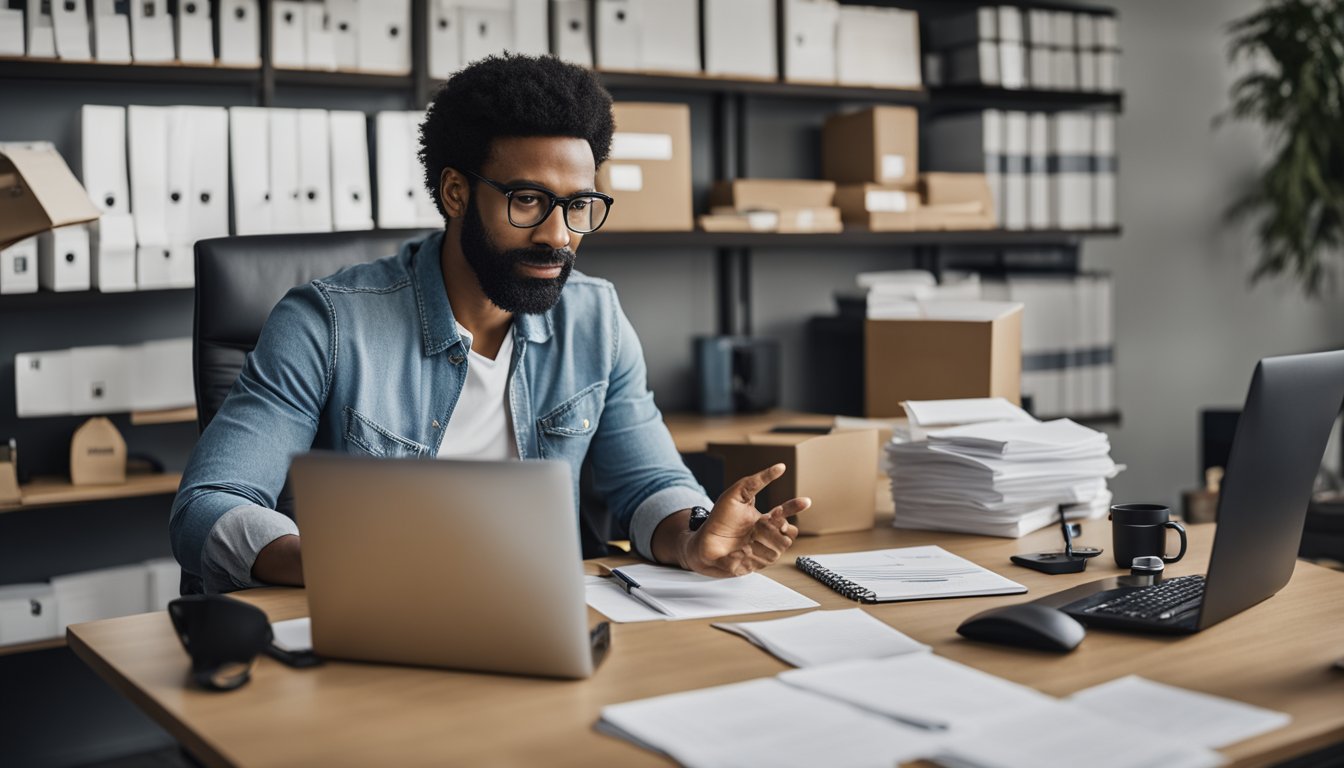 An Amazon seller sits at a desk, surrounded by papers and a computer, while brainstorming a comprehensive plan to address their suspended inauthentic products on Seller Central