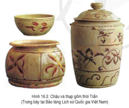 BÀI 16. CÔNG CUỘC XÂY DỰNG ĐẤT NƯỚC THỜI TRẦN (1226- 1400)1. Sự thành lập của nhà TrầnCâu 1: Đọc thông tin và quan sát hình 16.1, hãy mô tả sự thành lập của nhà Trần và nêu vai trò của Trần Thủ Độ đối với sự thành lập của nhà Trần.Đáp án chuẩn:- Năm 1224, vua lập công chúa Chiêu Thánh làm Hoàng thái tử và sau đó truyền ngôi cho Lý Chiêu Hoàng.- Năm 1226, Trần Thủ Độ sắp đặt Lý Chiêu Hoàng nhường ngôi cho chồng là Trần Cảm, thành lập nhà Trần và giúp đất nước ổn định sau thời kỳ loạn lạc.2. Tình hình chính trịCâu 1: Đọc thông tin và tư liệu, hãy trình bày những nét chính về tình hình chính trị của Đại Việt dưới thời Trần.Đáp án chuẩn:Bộ máy nhà nước tổ chức theo chế độ quân chủ trung ương tập quyền, gồm ba cấp: triều đình (do vua đứng đầu), các đơn vị hành chính trung gian (lộ, phủ, huyện, châu) và cấp hành chính cơ sở (hương, xã).3. Tình hình kinh tếCâu 1: Đọc thông tin và tư liệu, quan sát hình 16.1, 16.2, hãy:- Trình bày những nét chính về tình hình kinh tế thời Trần.- Cho biết mối quan hệ giữa sự phát triển kinh tế thủ công nghiệp và thương nghiệp.Đáp án chuẩn:- Nông nghiệp: kêu gọi dân phiêu tán trở về quê cũ sản xuất, khuyến khích khai khẩn đất hoang, đẩy mạnh việc làm thuỷ lợi- Thủ công nghiệp: đúc tiền, sản xuất vũ khí, đóng thuyền, dệt vải lụa... - Thương mại: thăng Long là trung tâm kinh tế, buôn bán sầm uất của cả nước4. Tình hình xã hộiCâu 1: Đọc thông tin và tư liệu, hãy trình bày tình hình xã hội thời Trần và rút ra nhận xét.Đáp án chuẩn:- Tầng lớp vương hầu và quý tộc Trần chiếm địa vị đặc biệt trong xã hội, sở hữu nhiều ruộng đất và nô tì.- Nông dân, thợ thủ công và thương nhân là nhóm lực lượng sản xuất chính.=> Nhận xét: Mâu thuẫn giữa nông dân, tá điền, nô tì và địa chủ, quý tộc leo thang, gây ra nhiều cuộc khởi nghĩa.5. Tình hình văn hóaCâu 1: Đọc thông tin, tư liệu và quan sát hình 16.2, hình 16.3, hãy trình bày những nét chính về văn hoá thời Trần.Đáp án chuẩn:- Nho giáo và Đạo Phật được tôn trọng và phát triển.- Văn học chữ Hán và chữ Nôm phong phú, thể hiện lòng yêu nước và niềm tự hào dân tộc.- Phát triển kiến trúc cung đình và tôn giáo, cùng với điêu khắc nghệ thuật.LUYỆN TẬP- VẬN DỤNG