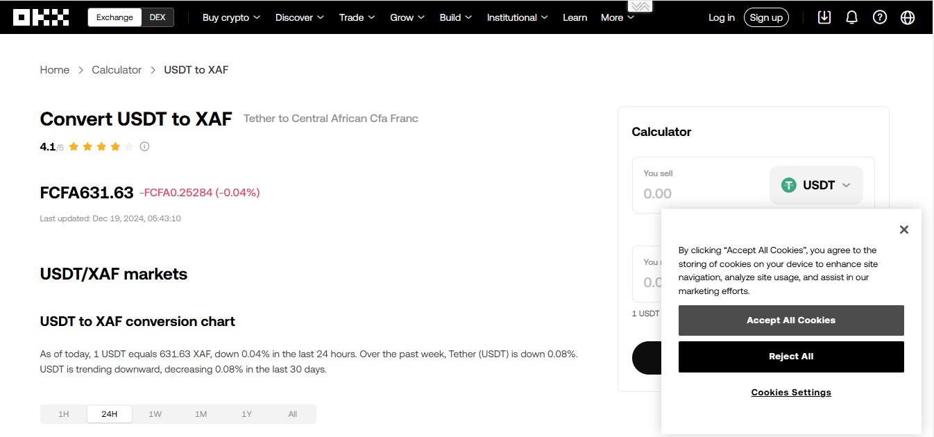  A screenshot of a page where users can convert USDT to Central African CFA (XAF) on OKX
