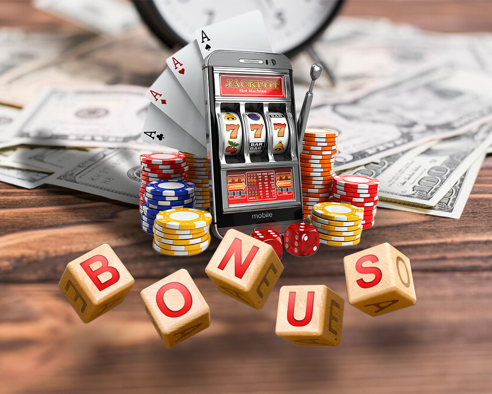 Mini slot machine, money, chips, and dice spelling out "BONUS" on a wooden desk — symbolizing online casino rewards