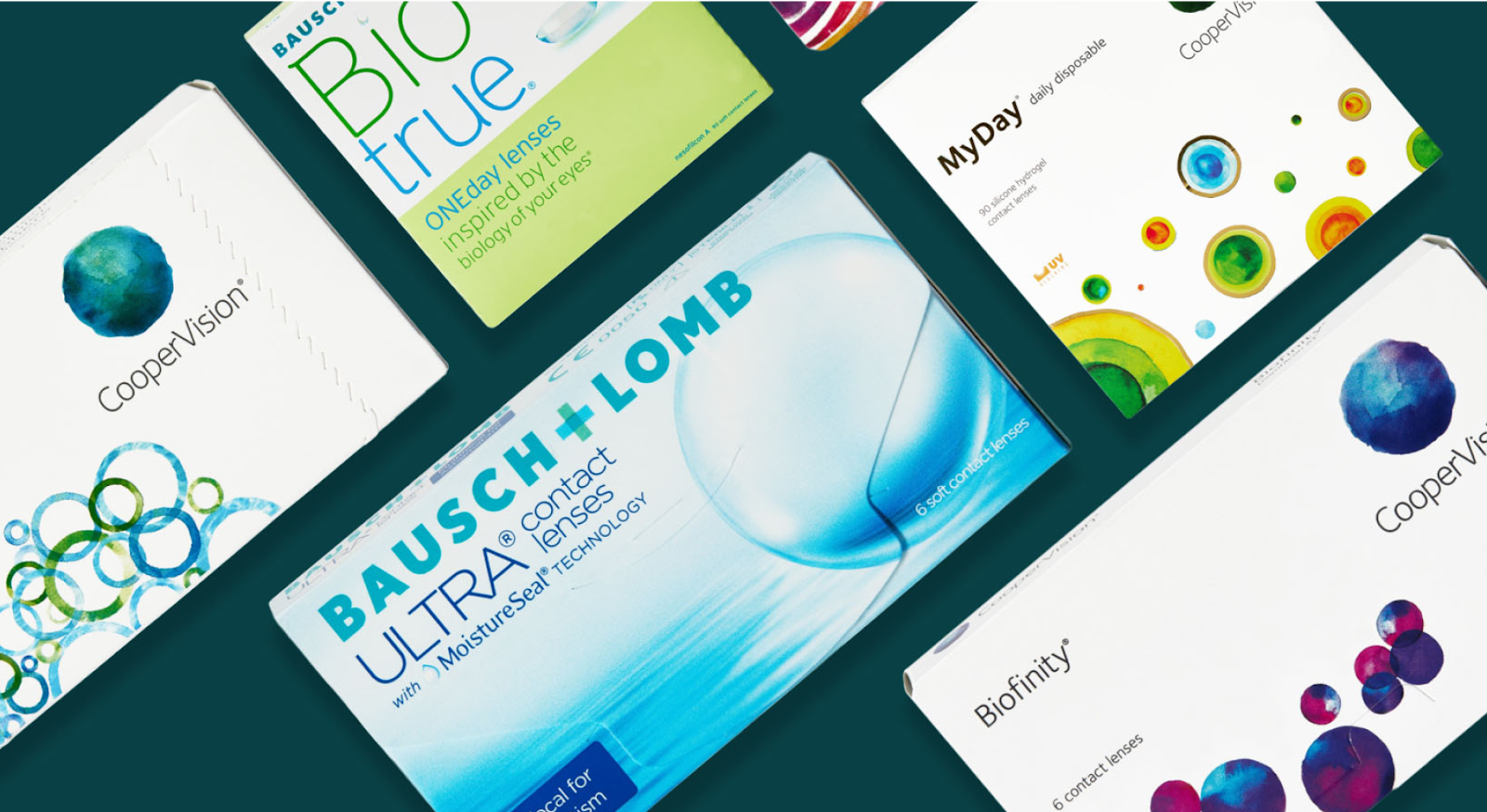 Bausch + Lomb Ultra, Biofinity, CooperVision, and MyDay contact lens boxes with varied designs.