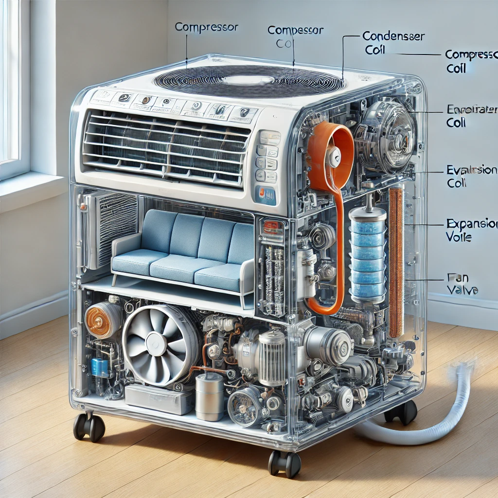 Cutaway diagram of a portable air conditioner showing the compressor, coils, fan, expansion valve, and airflow paths.