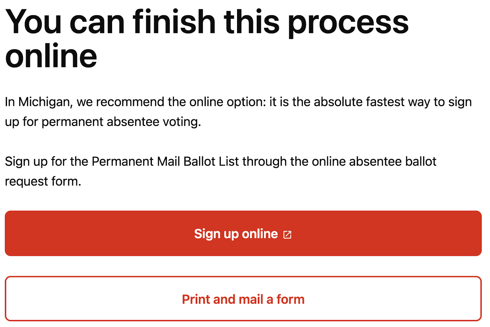 Screen showing options for PAV sign-up. Two buttons. Top button to sign up online and is emphasized in red. Bottom button to print and mail a form.