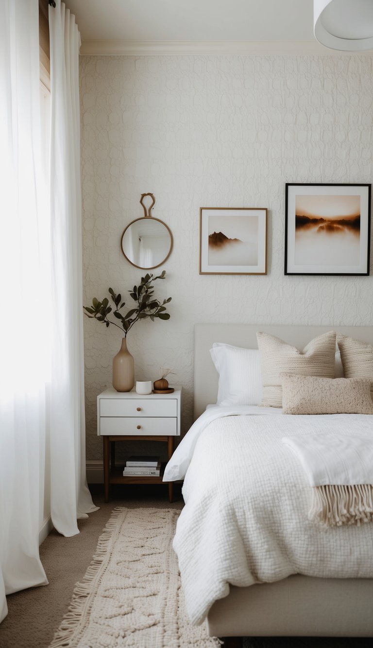 A cozy white bedroom with textured wallpaper, soft lighting, and minimalist decor