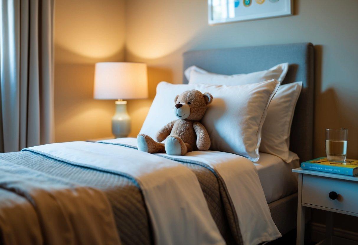 A child's bedroom with soft, warm lighting. A cozy bed with neatly arranged pillows and a favorite stuffed animal. A small nightstand with a calming bedtime story book and a glass of water