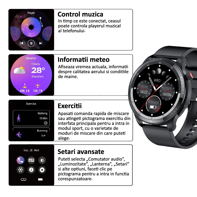 Setari avansate Smartwatch fitness, ecran 1,39 inch, T52