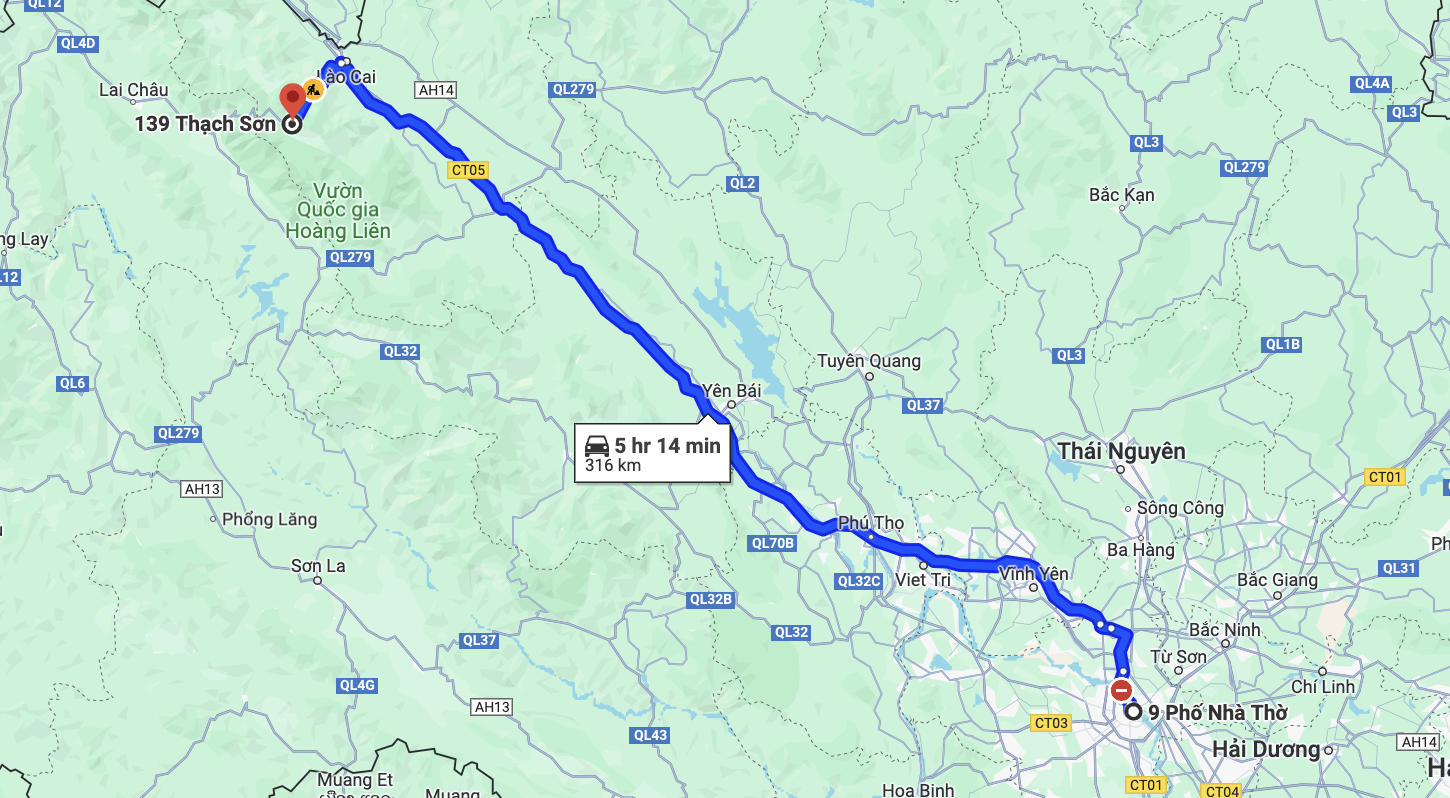 route of phuc lam limousine bus from hanoi to sapa