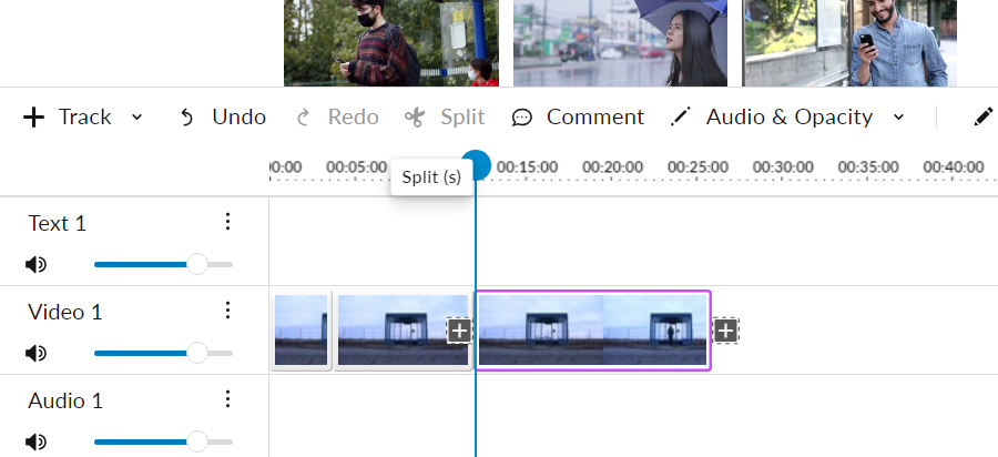 Timeline view of "Split" cut, which is a keyboard shortcut, on WeVideo application.