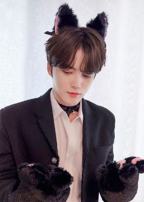 This contain Jaejoong in a suit with cat ears on his head and hands out to the side