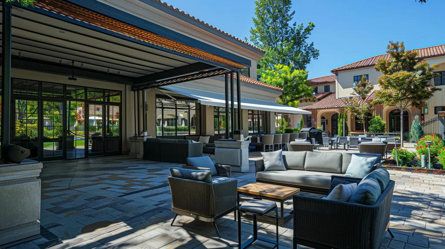 a stylish outdoor patio featuring a spacious, elegantly designed awning, casting inviting shade over comfortable seating arrangements, creating a cozy atmosphere for relaxation and social gatherings under a clear blue sky.