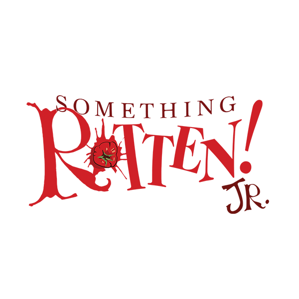 Something Rotten! Jr logo in red lettering with a thrown tomato in the "o" of Rotten