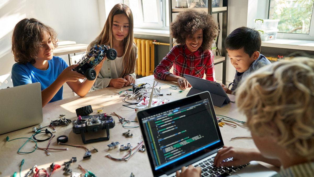 A group of kids working on a project