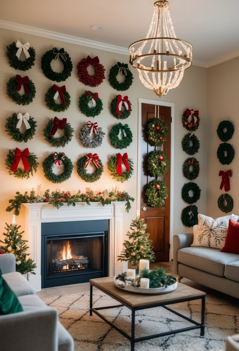 A cozy living room with a fireplace, adorned with 51 unique Christmas wreaths displayed on the walls and doors