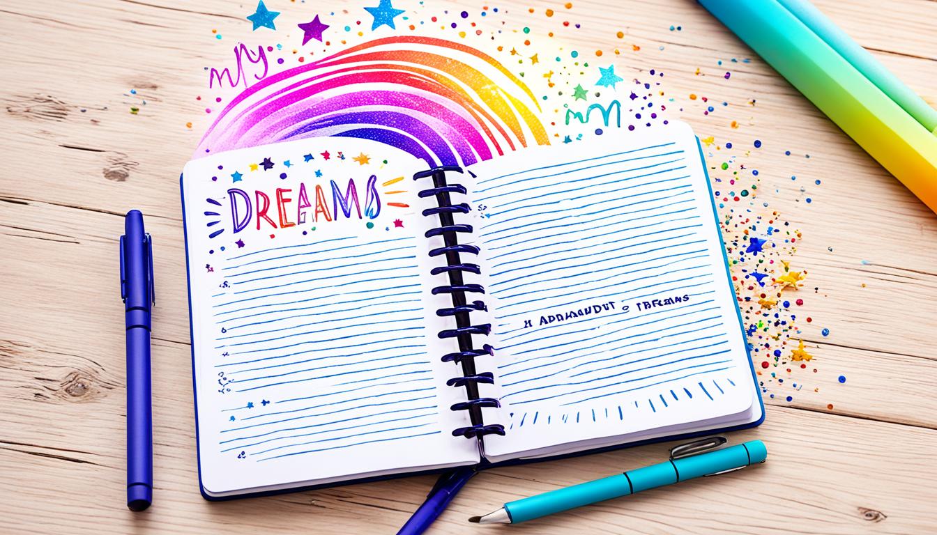 A blank notebook with a pen on top, surrounded by colorful rays of light and sparkles. The notebook is open to a page with the words "My dreams" written in bold, cursive letters at the top. On the rest of the page, there are various positive affirmations and manifestation statements written in different colors and fonts, such as "I am abundant in all areas of my life" and "I attract opportunities that align with my purpose."