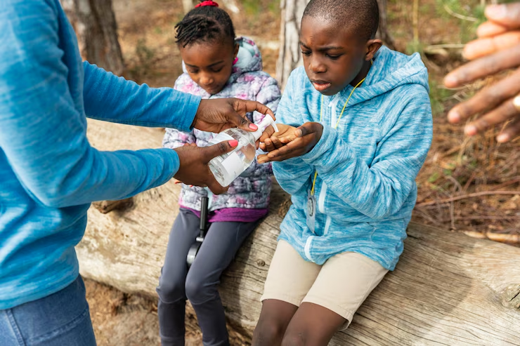 Some people getting their hands sanitized before interacting or feeding with wild animals while hiking