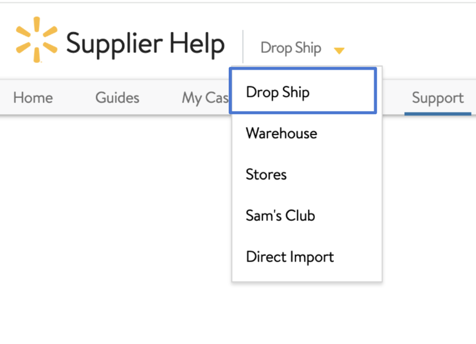 Supplier Help options: Drop Ship, Warehouse, Stores, Sam's Club, Direct Import