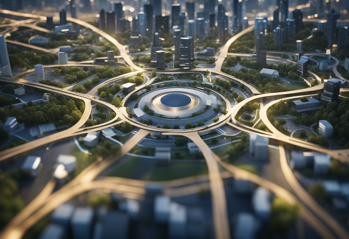 A digital landscape with interconnected pathways leading to a central hub, surrounded by various tools and resources