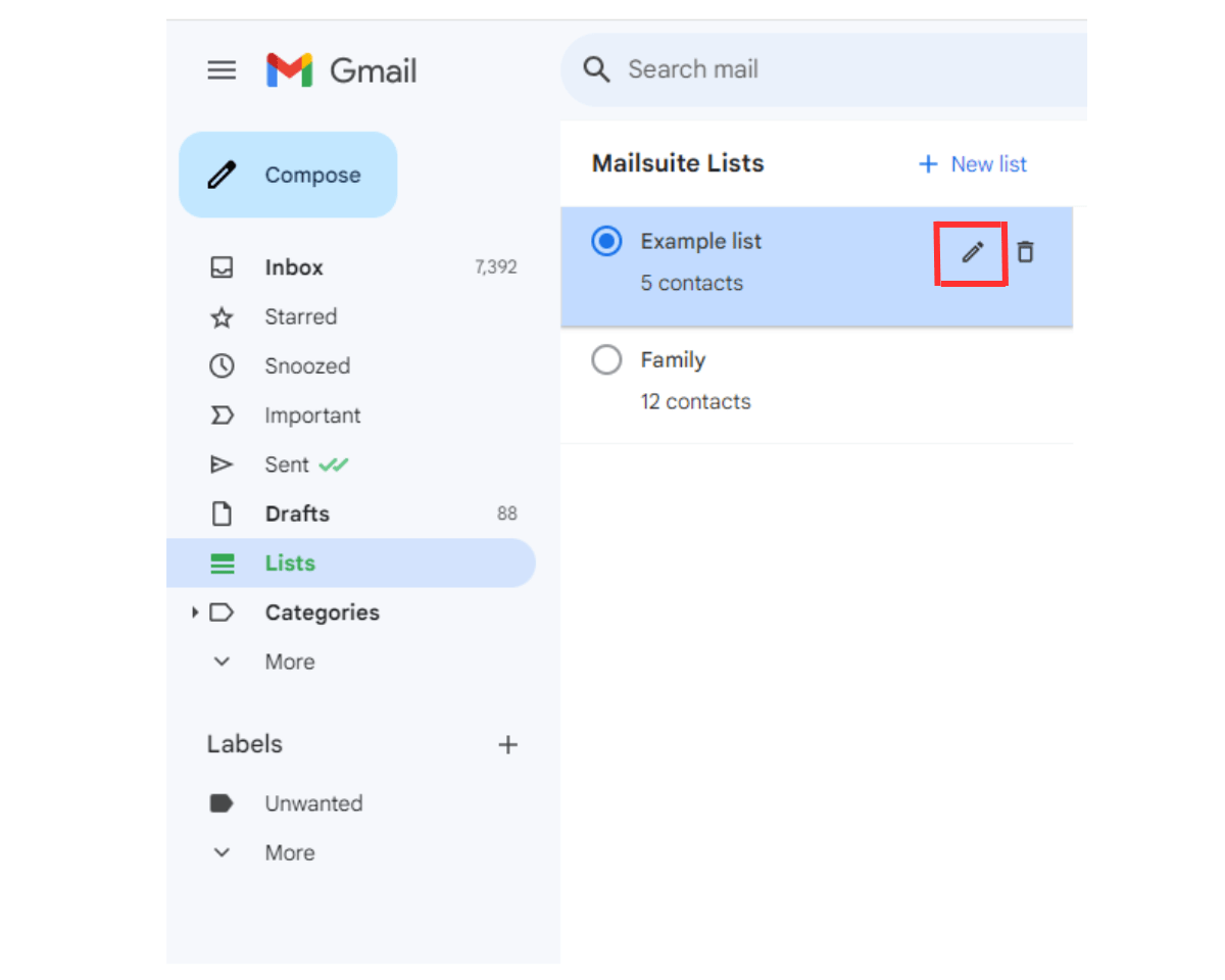 how to make changes to your Mailsuite contact list: Hover your mouse over the list you want to edit, and click the Edit icon