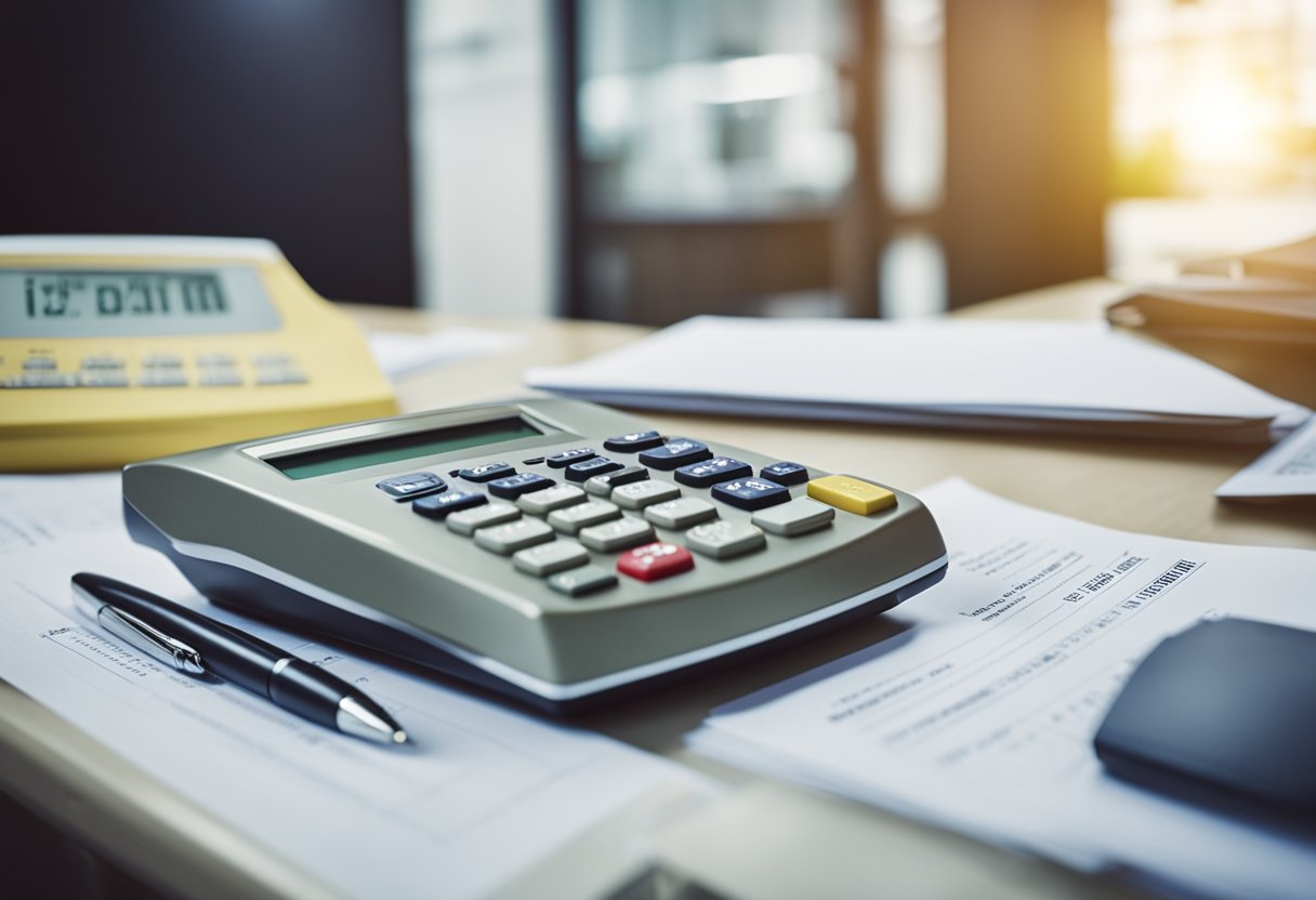 A document being stamped at a property registration office in Noida, Greater Noida, with a stack of papers and a calculator on the desk