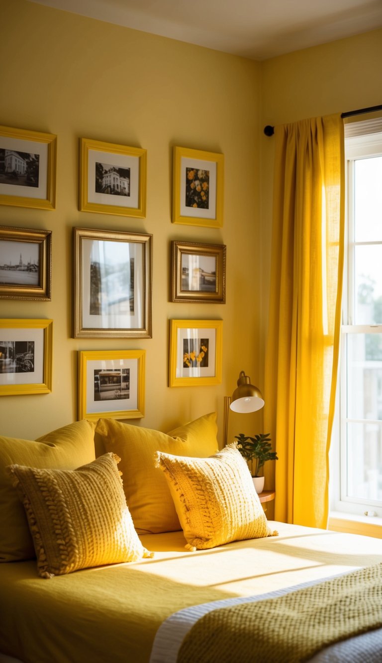 A cozy yellow bedroom with marigold picture frames adorning the walls. Sunshine pours in through the window, casting a warm glow over the room