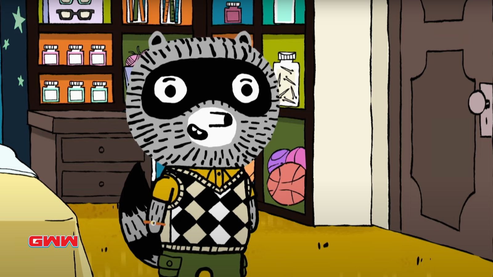 Carl, the raccoon, standing in his room full of organized collections.