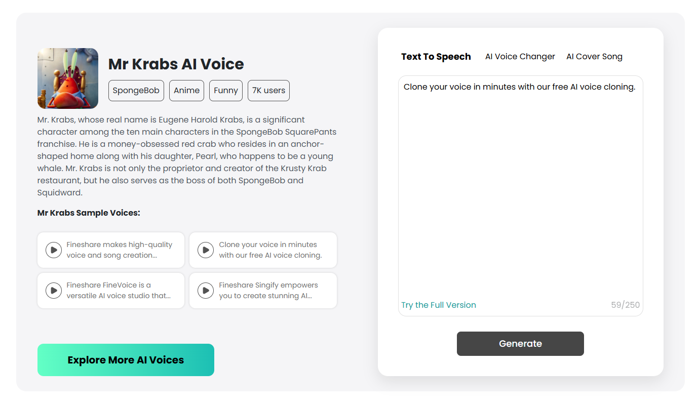 Fineshare Finevoice - Create Realistic AI Mr.Krabs Voices