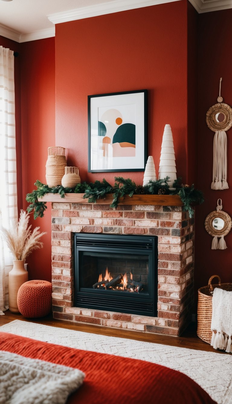 A cozy red bedroom with a brick fireplace as the focal point, surrounded by warm, inviting decor and 25 creative design ideas