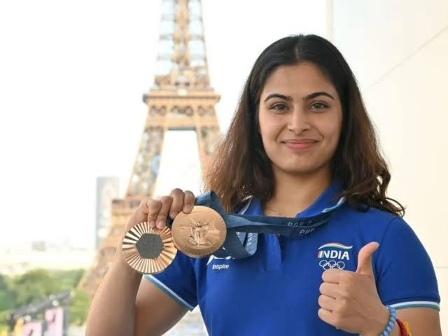 Manu Bhaker after winning double bronze medals in Paris Olympics 2024