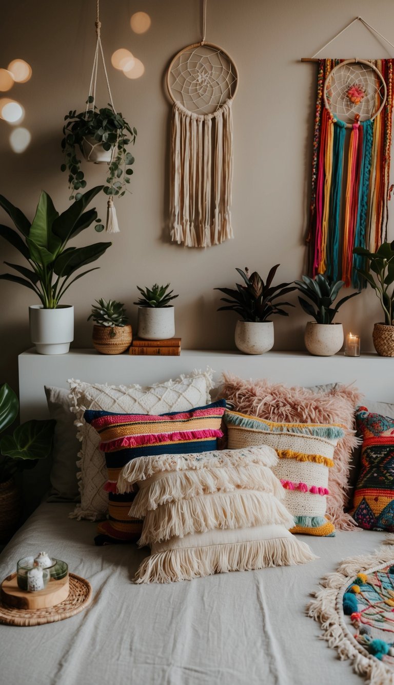 A cozy bedroom with boho fringe cushions arranged on a bed or floor, surrounded by plants, dreamcatchers, and colorful textiles