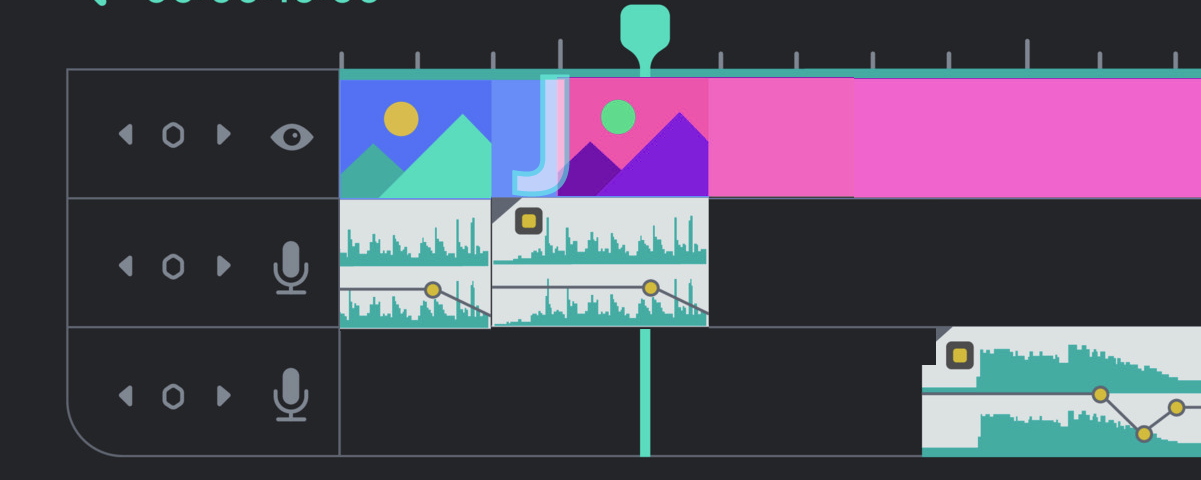 Illustration of a J-cut on the timeline, with a J placed over the cut for visibility.