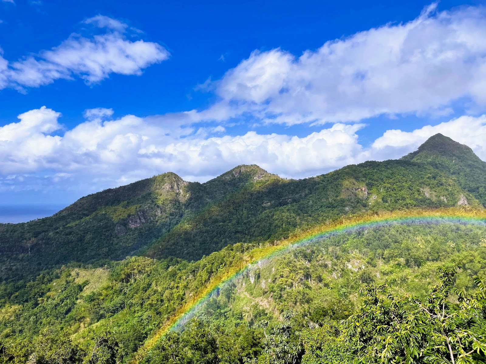 Scenic view of the Pitons in St. Lucia with a rainbow brushing across. 