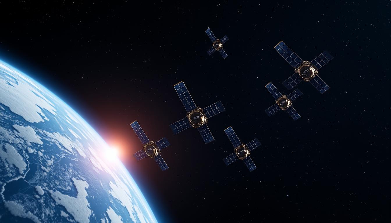 A stunning depiction of a cluster of Starlink satellites in low Earth orbit, surrounded by a starry night sky, with Earth visible in the background. The satellites glimmer with reflective surfaces, creating a beautiful contrast against the deep blue of space. A faint glow from the Earth's atmosphere adds a touch of warmth to the scene, enhancing the futuristic technology vibe.