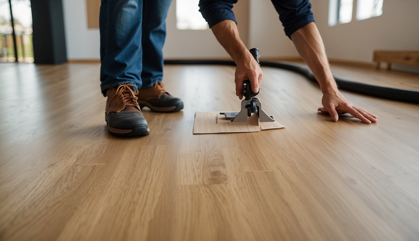 The dryback LVT is being installed with adhesive, while the click LVT is being installed with a locking system. The two methods show the difference in installation process