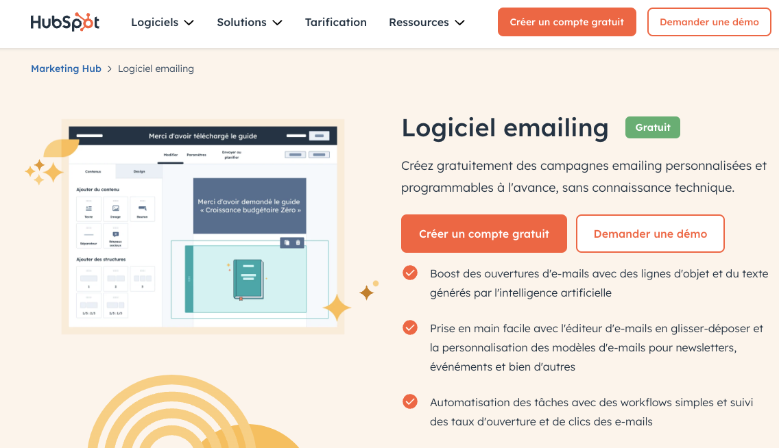 Capture d'écran d'une page produit de HubSpot