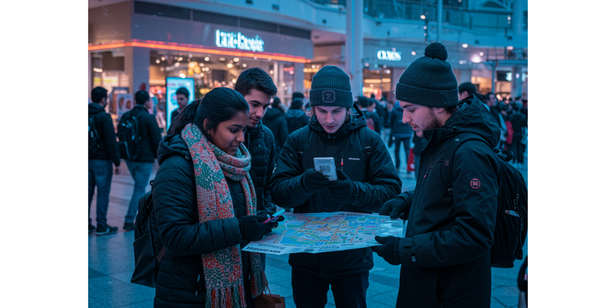 Few people scanning a QR Code on a treasure hunt map.